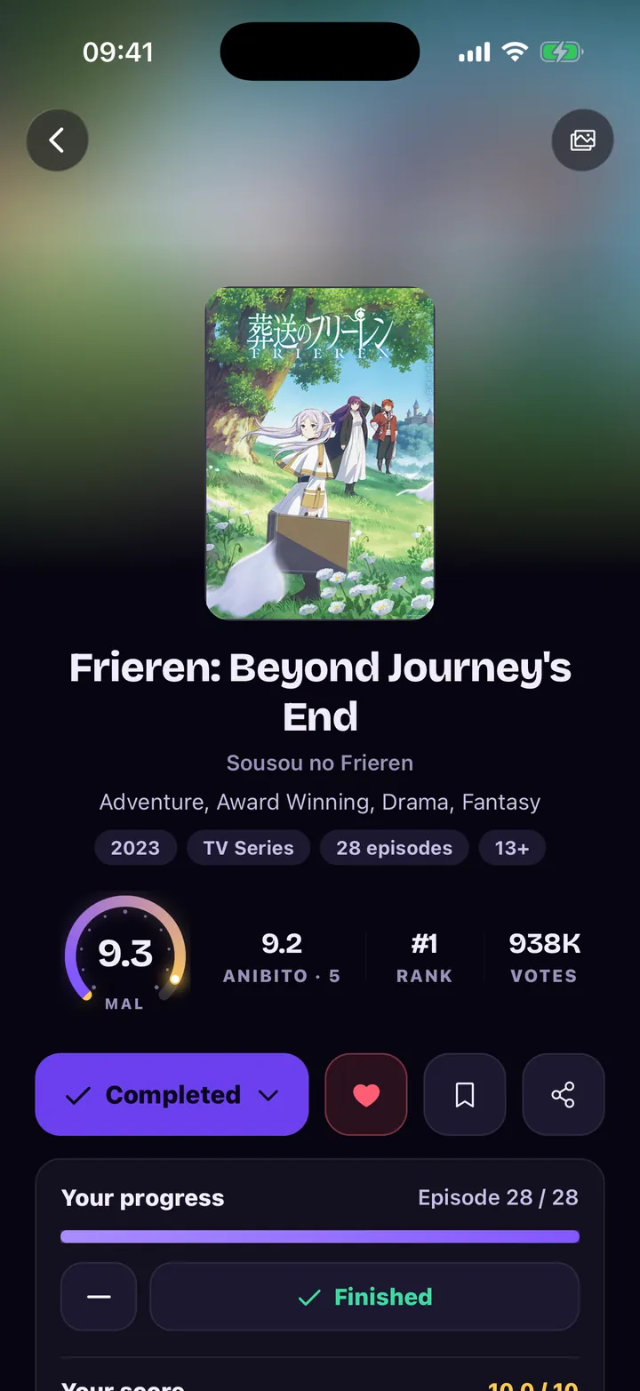 Frieren title page: MAL score 9.3 and progress