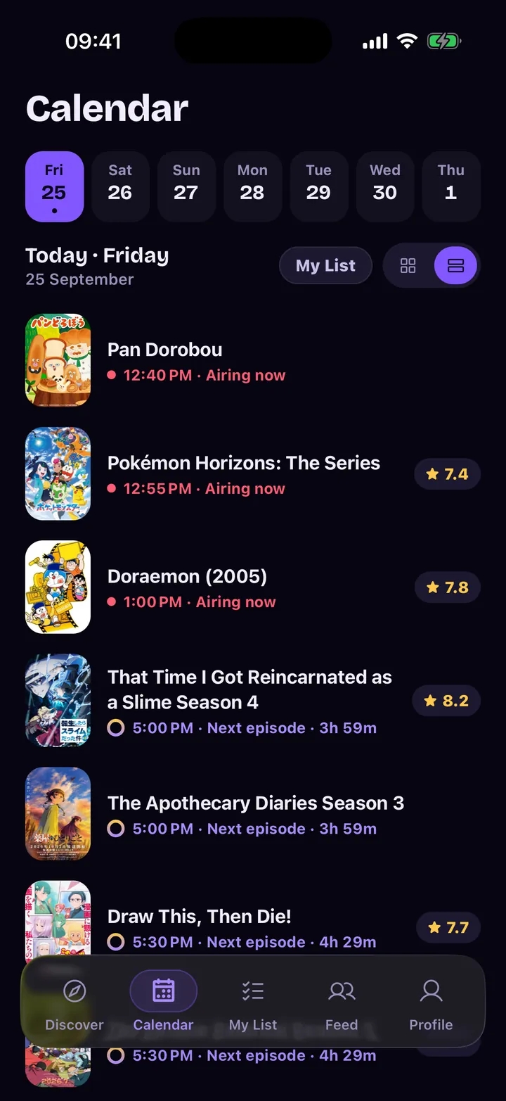 Calendar: today’s episodes, their times and the time left