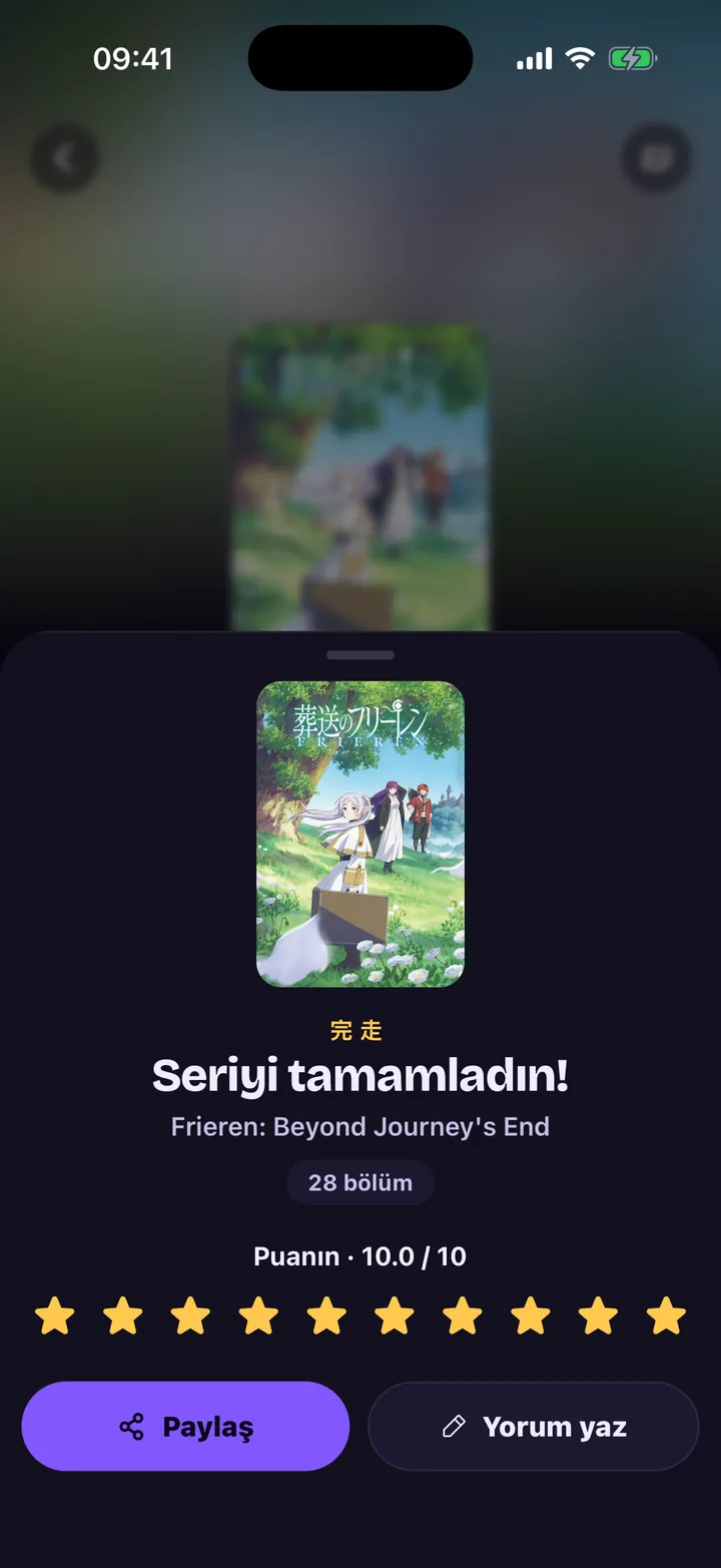 Seriyi tamamladın ekranı: Frieren, 28 bölüm, 10 üzerinden 10 puan