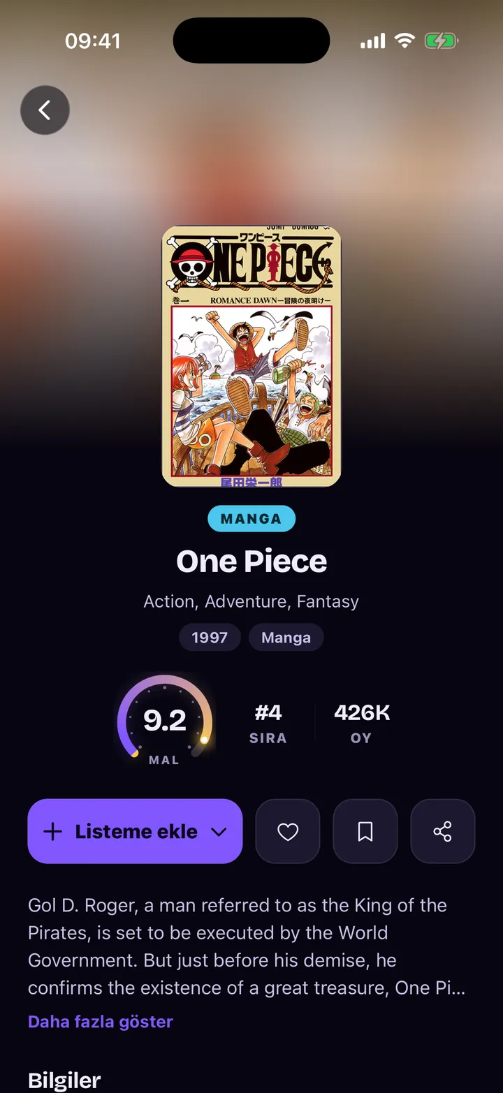 One Piece manga sayfası: MAL puanı 9.2, 4. sıra