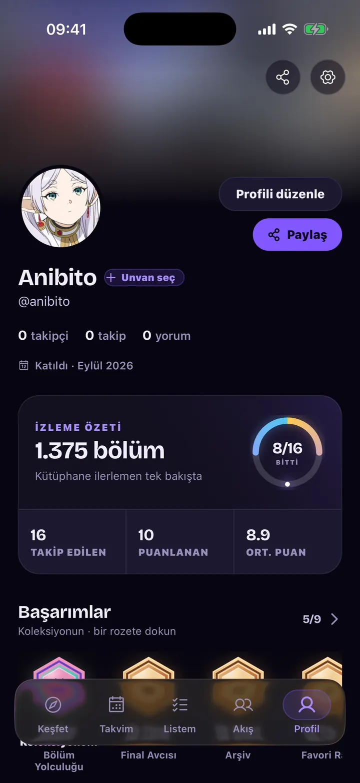 Profil: izleme özeti, takip edilen ve puanlanan yapımlar, rozetler