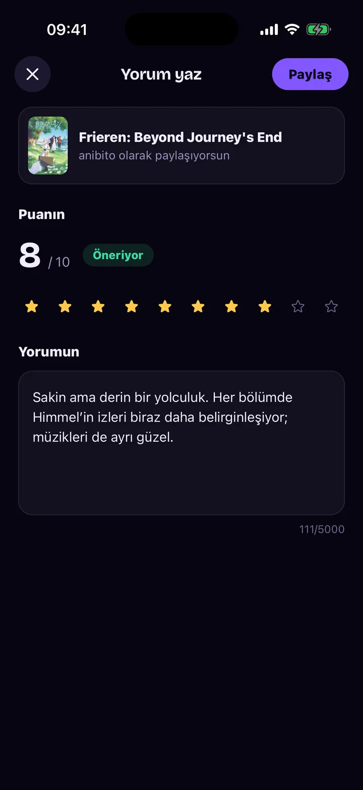 İnceleme yazma ekranı: 10 üzerinden 8 puan, öneriyor